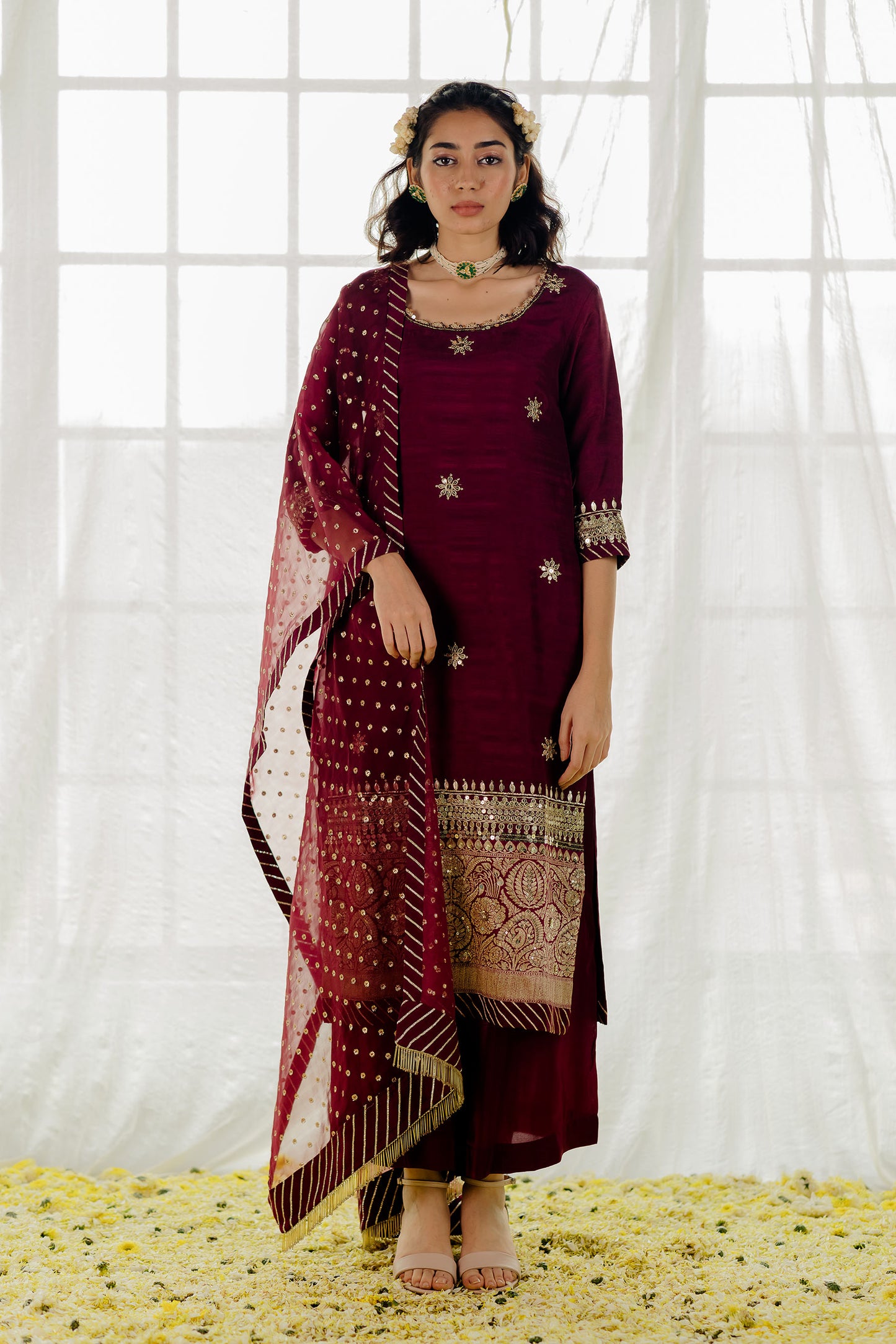 Plum Silk Embroidered Straight Kurta Set