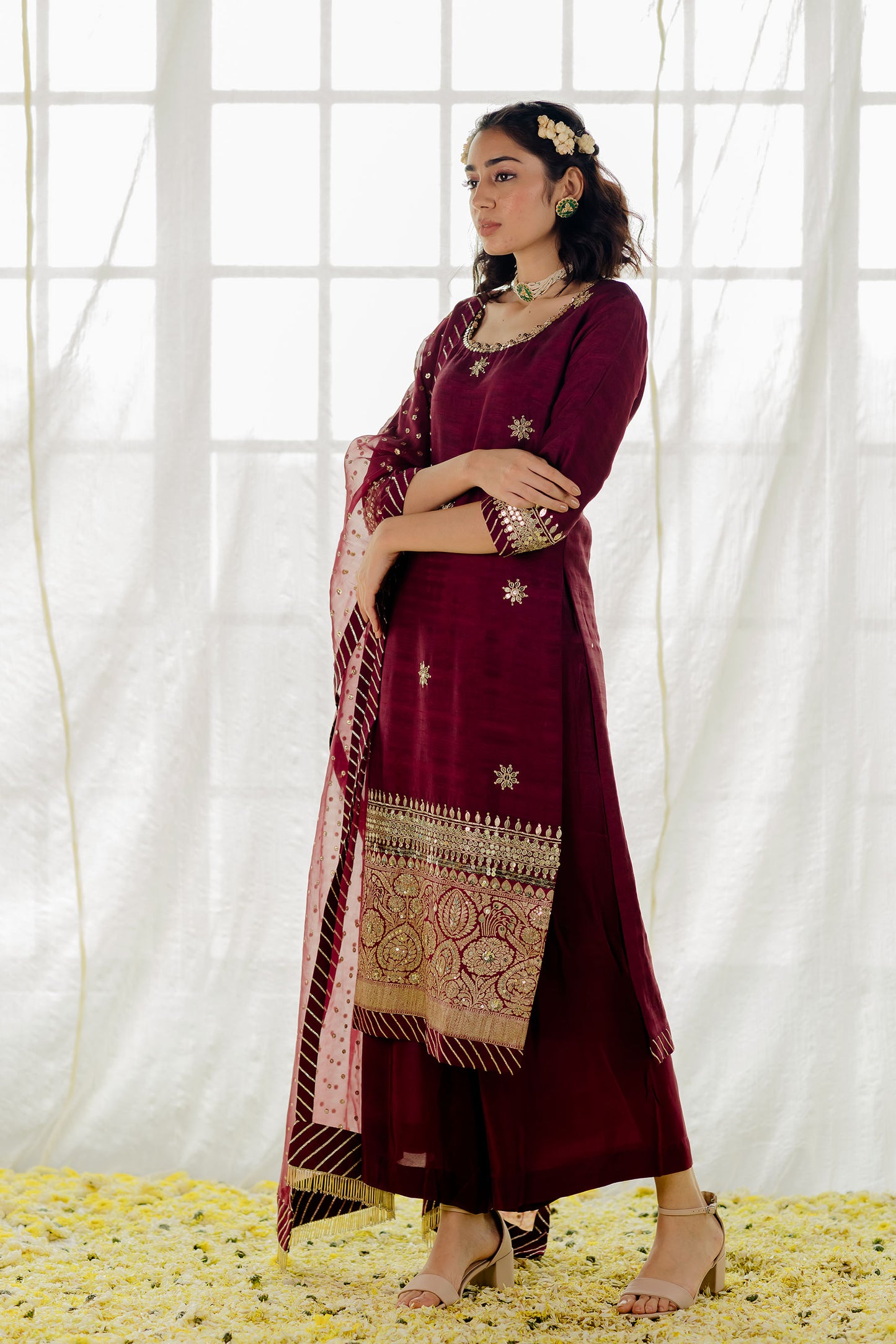 Plum Silk Embroidered Straight Kurta Set