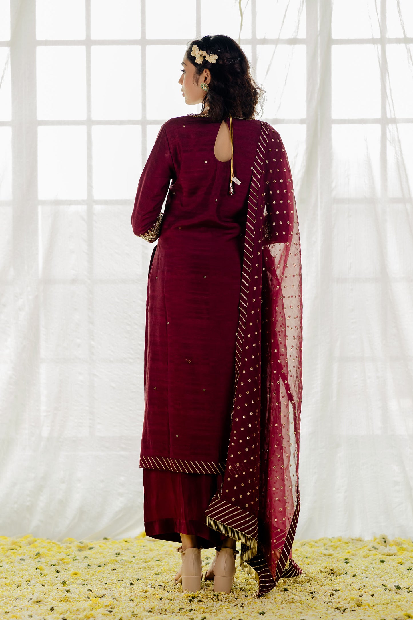 Plum Silk Embroidered Straight Kurta Set