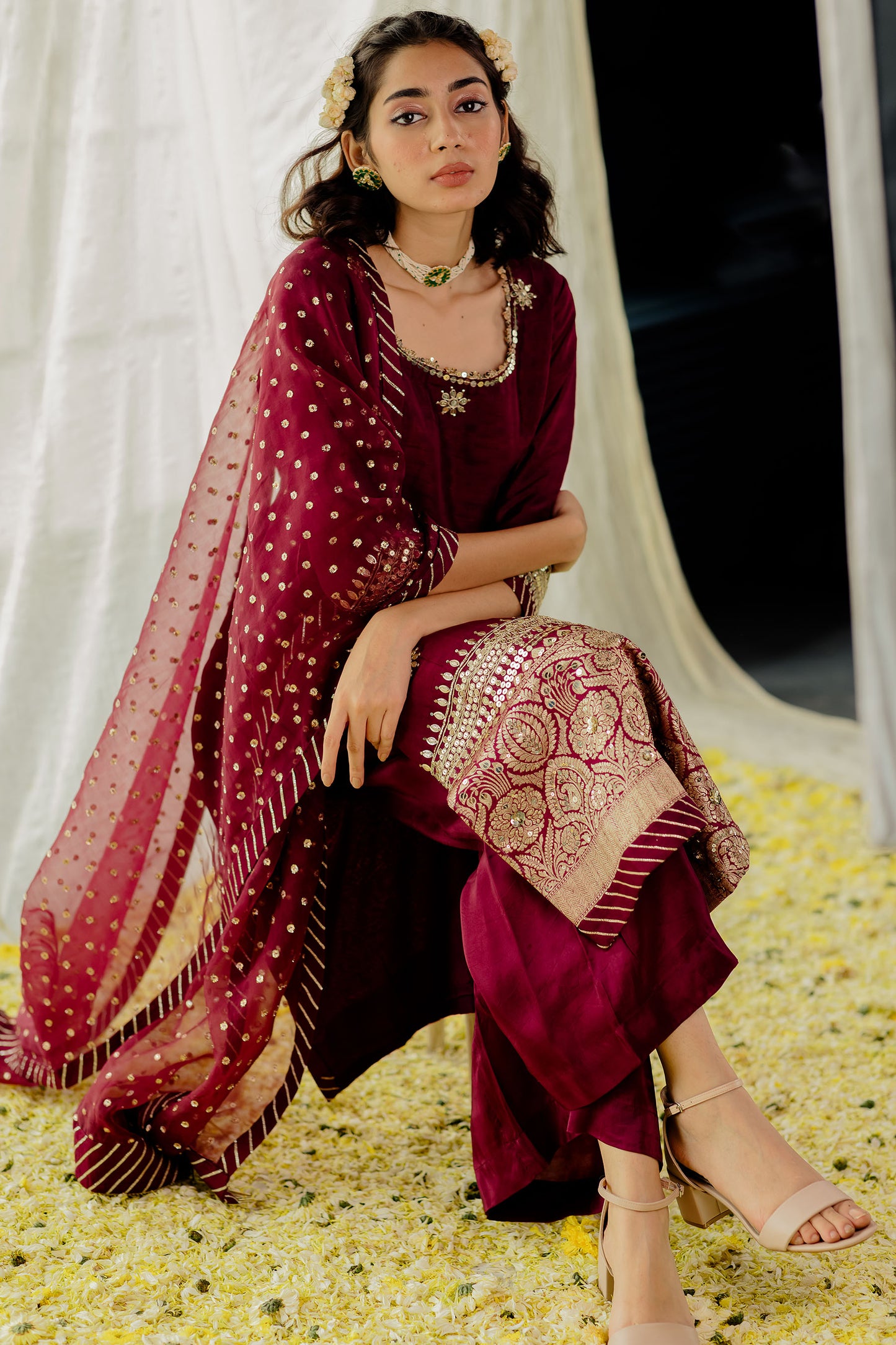 Plum Silk Embroidered Straight Kurta Set