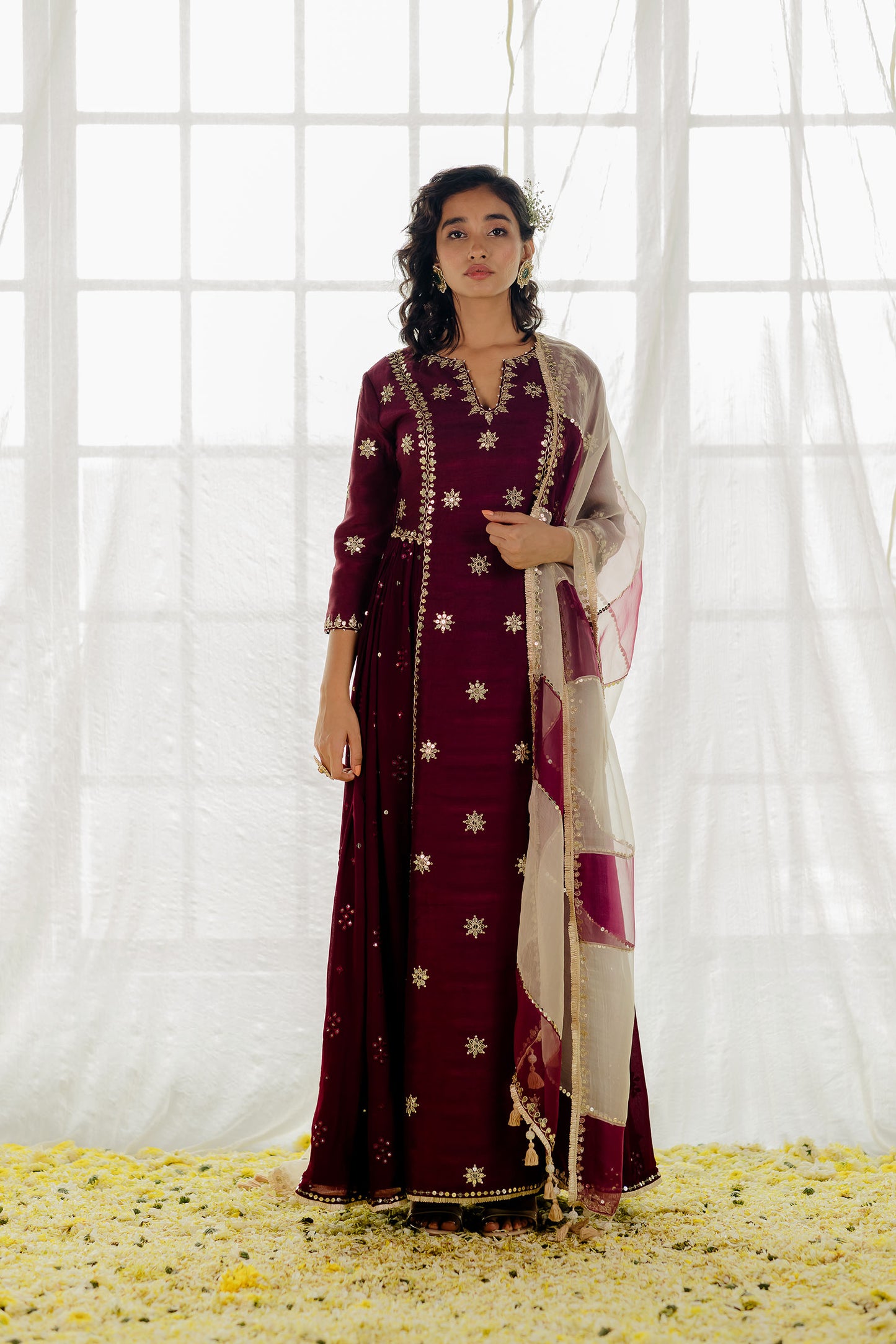 Plum Silk Embroidered Long Anarkali Set