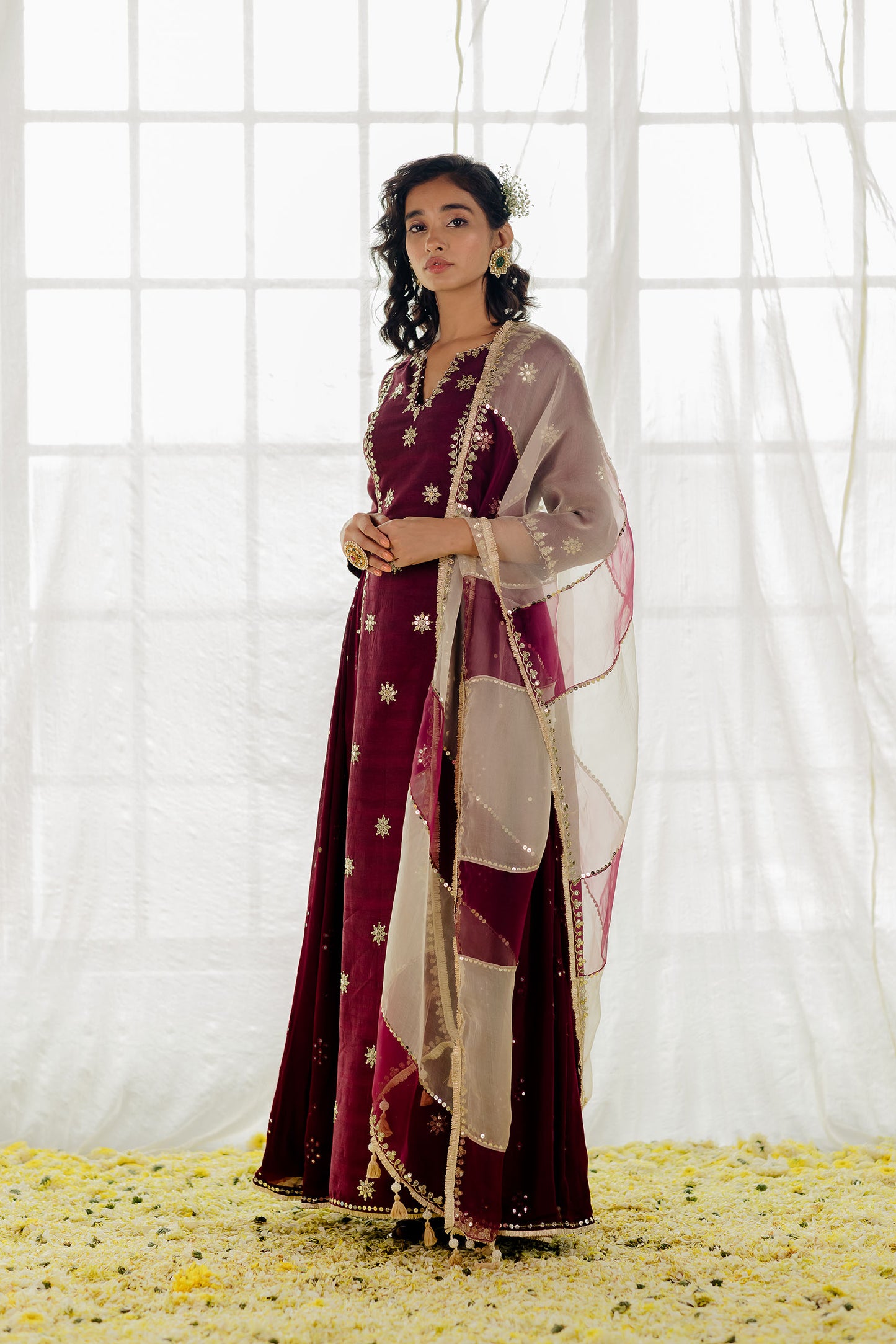 Plum Silk Embroidered Long Anarkali Set