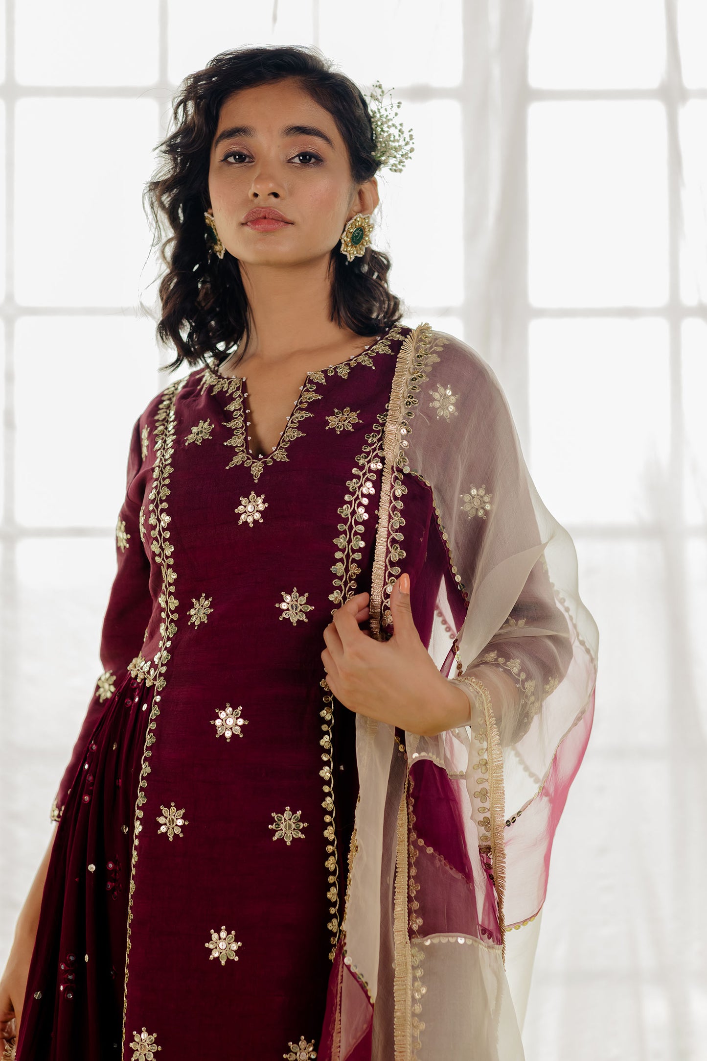 Plum Silk Embroidered Long Anarkali Set