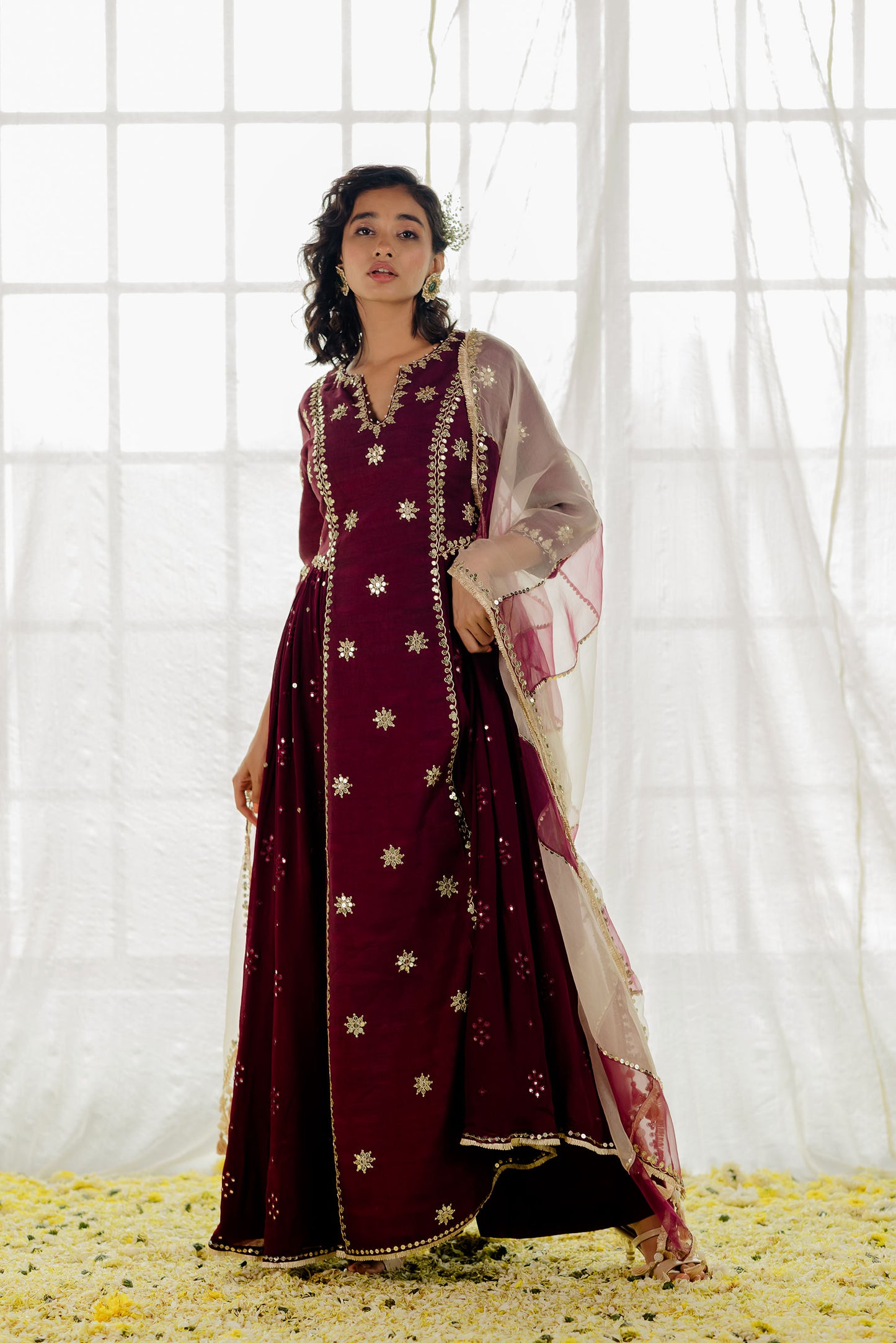 Plum Silk Embroidered Long Anarkali Set