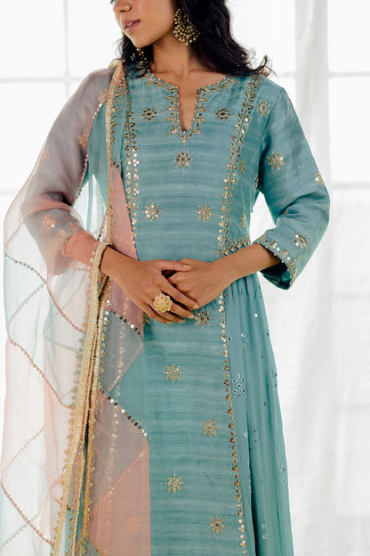 Powder Blue Silk Embroidered Long Anarkali Set