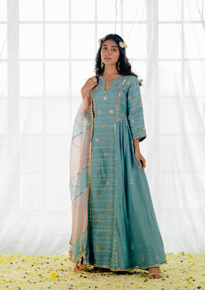 Powder Blue Silk Embroidered Long Anarkali Set