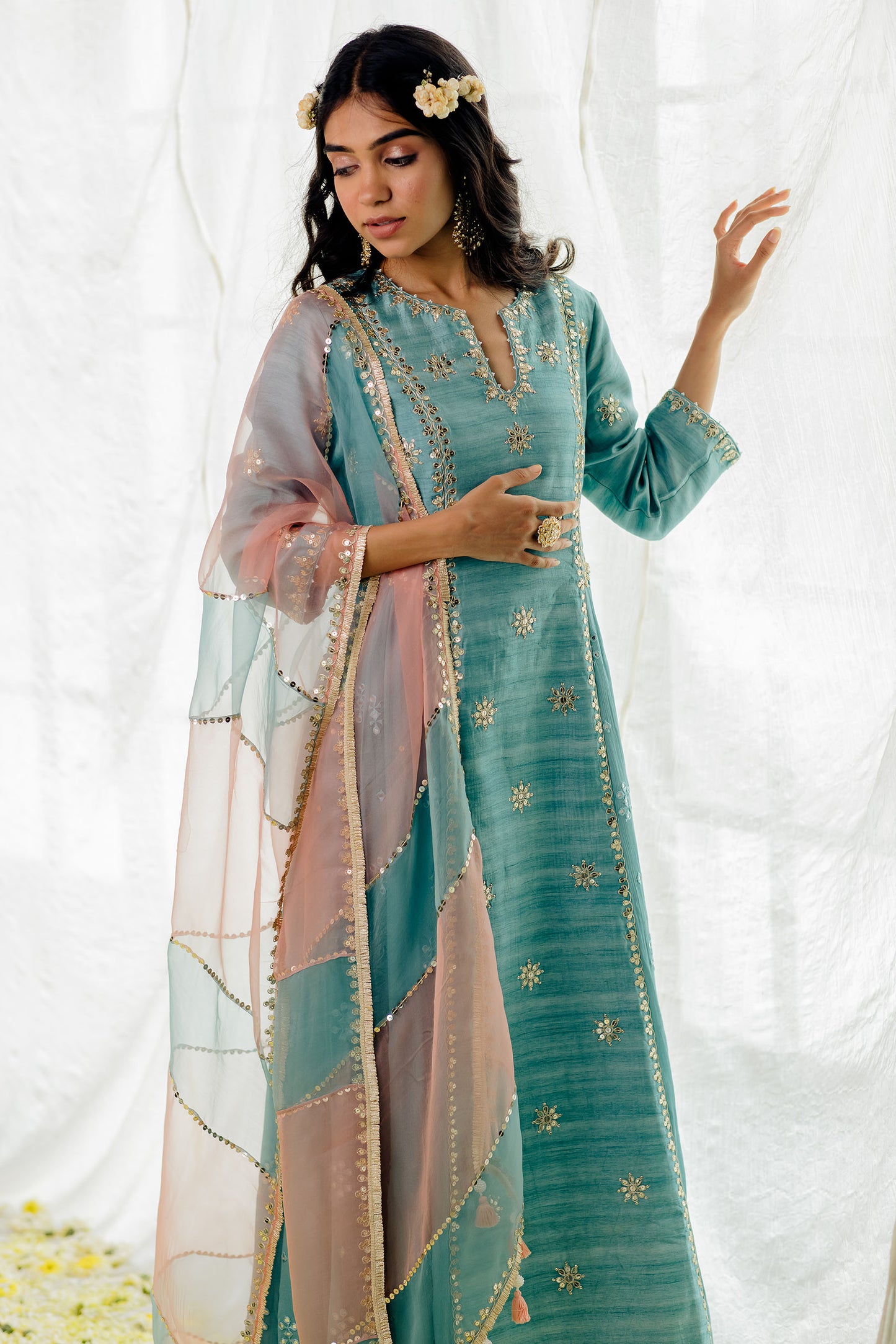 Powder Blue Silk Embroidered Long Anarkali Set