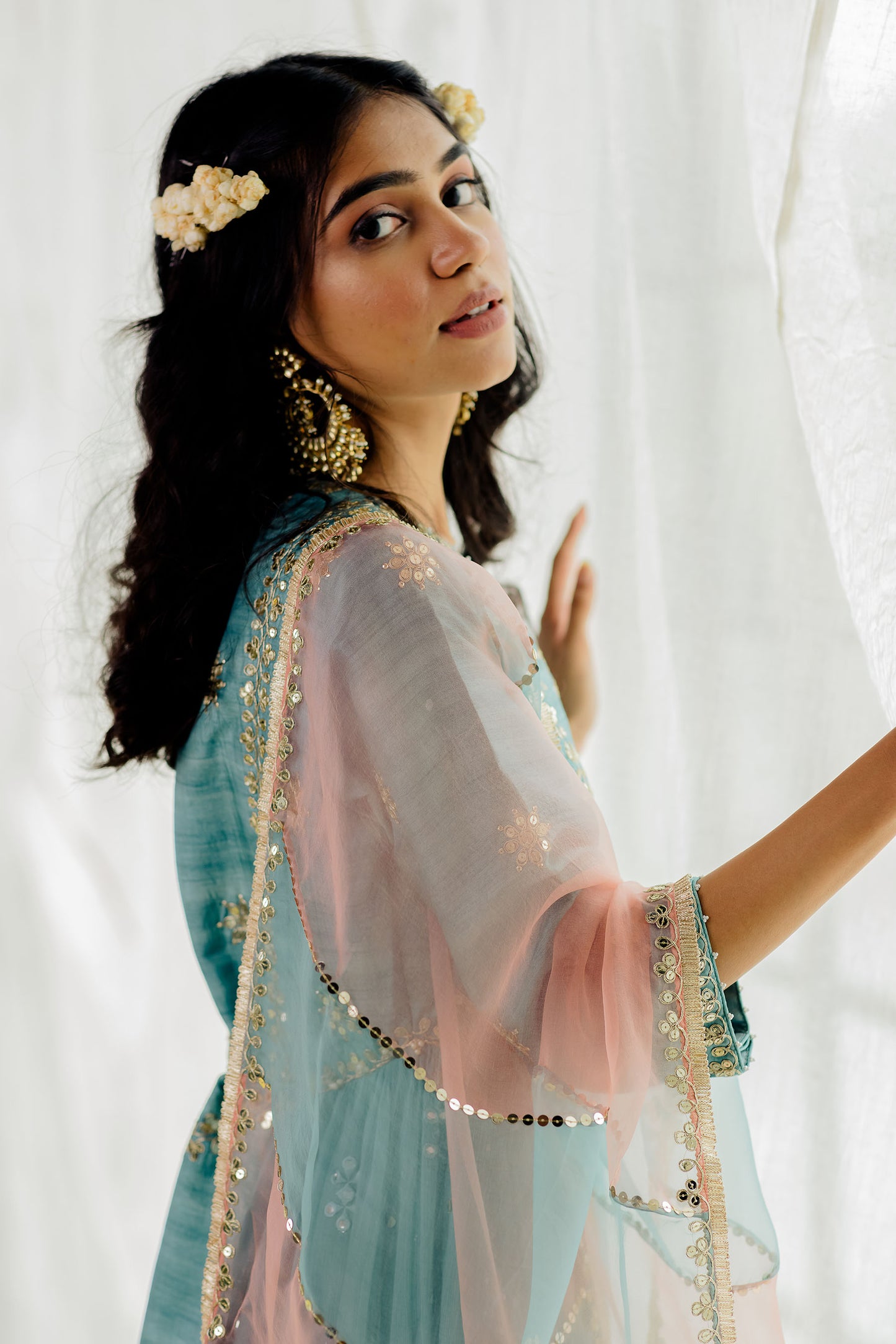 Powder Blue Silk Embroidered Long Anarkali Set