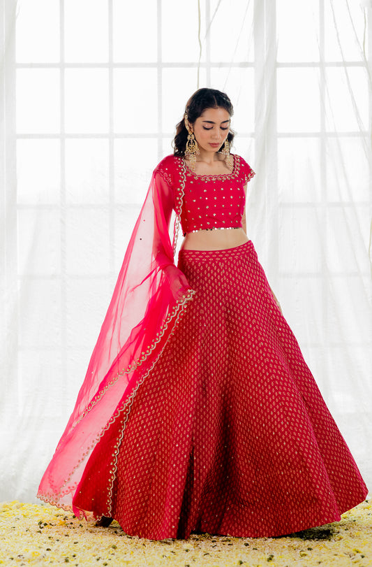 Hot Pink Silk Printed & Embroidered Lehenga Set