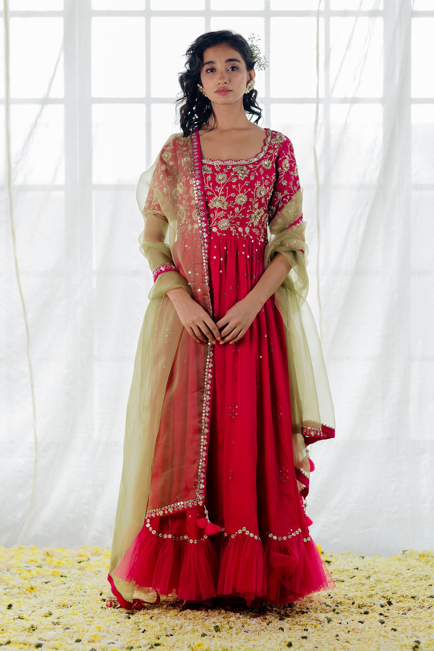 Hot Pink Silk Embroidered Anarkali Set