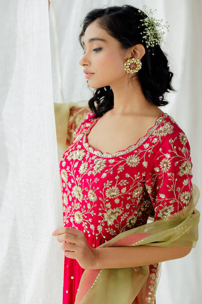 Hot Pink Silk Embroidered Anarkali Set