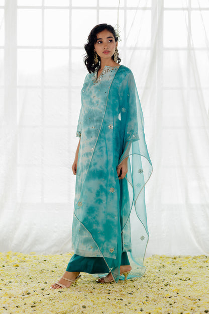 Turquoise Georgette Tie-Dye Straight Kurta Set