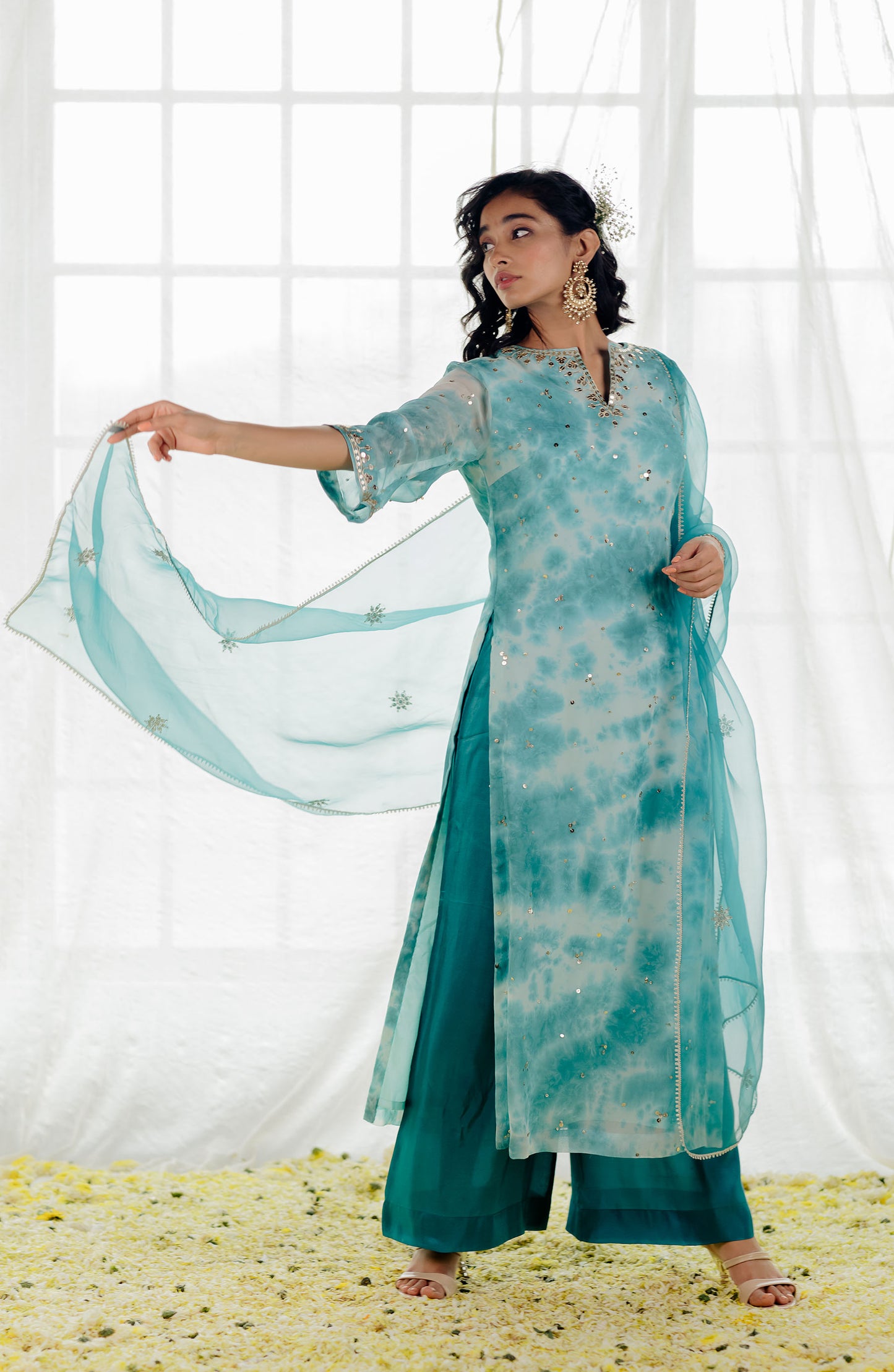 Turquoise Georgette Tie-Dye Straight Kurta Set