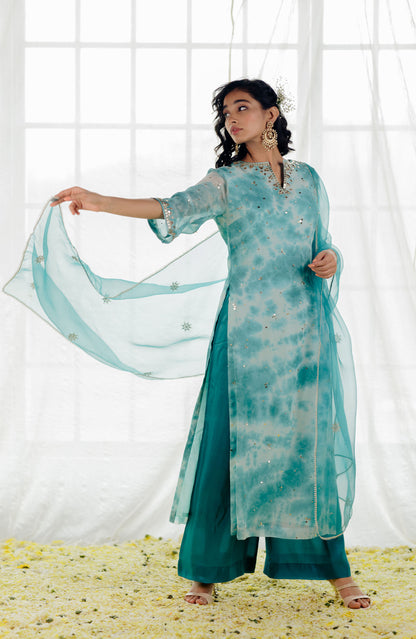 Turquoise Georgette Tie-Dye Straight Kurta Set