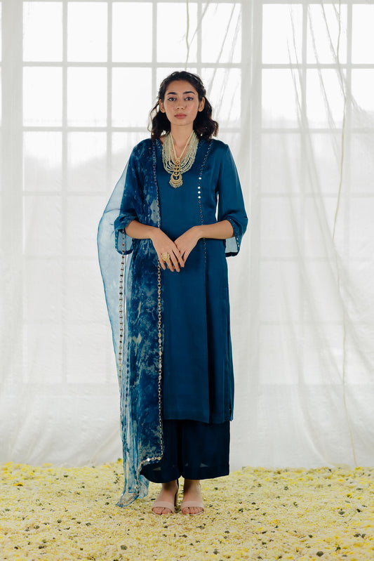 Indigo Mirror-Work Straight Kurta Set