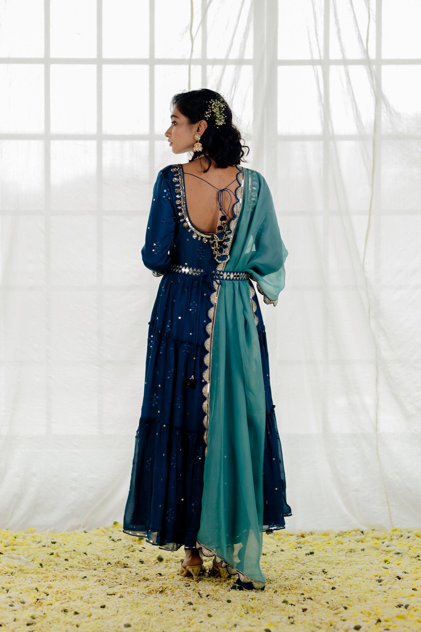 Indigo Chiffon Tiered Anarkali Set