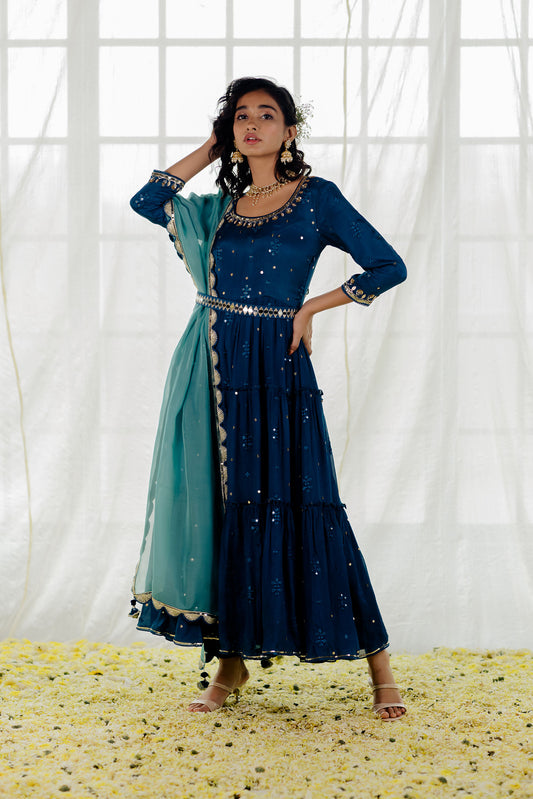 Indigo Chiffon Tiered Anarkali Set