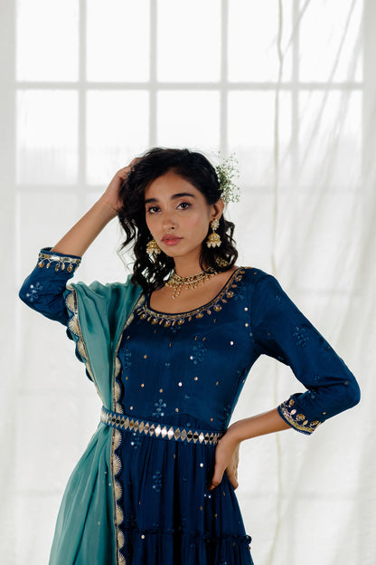 Indigo Chiffon Tiered Anarkali Set