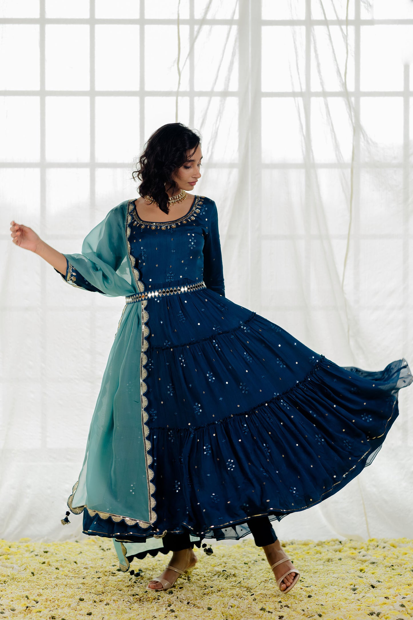 Indigo Chiffon Tiered Anarkali Set