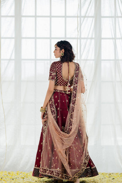 Wine Raw Silk Embroidered Bridal Lehenga Set