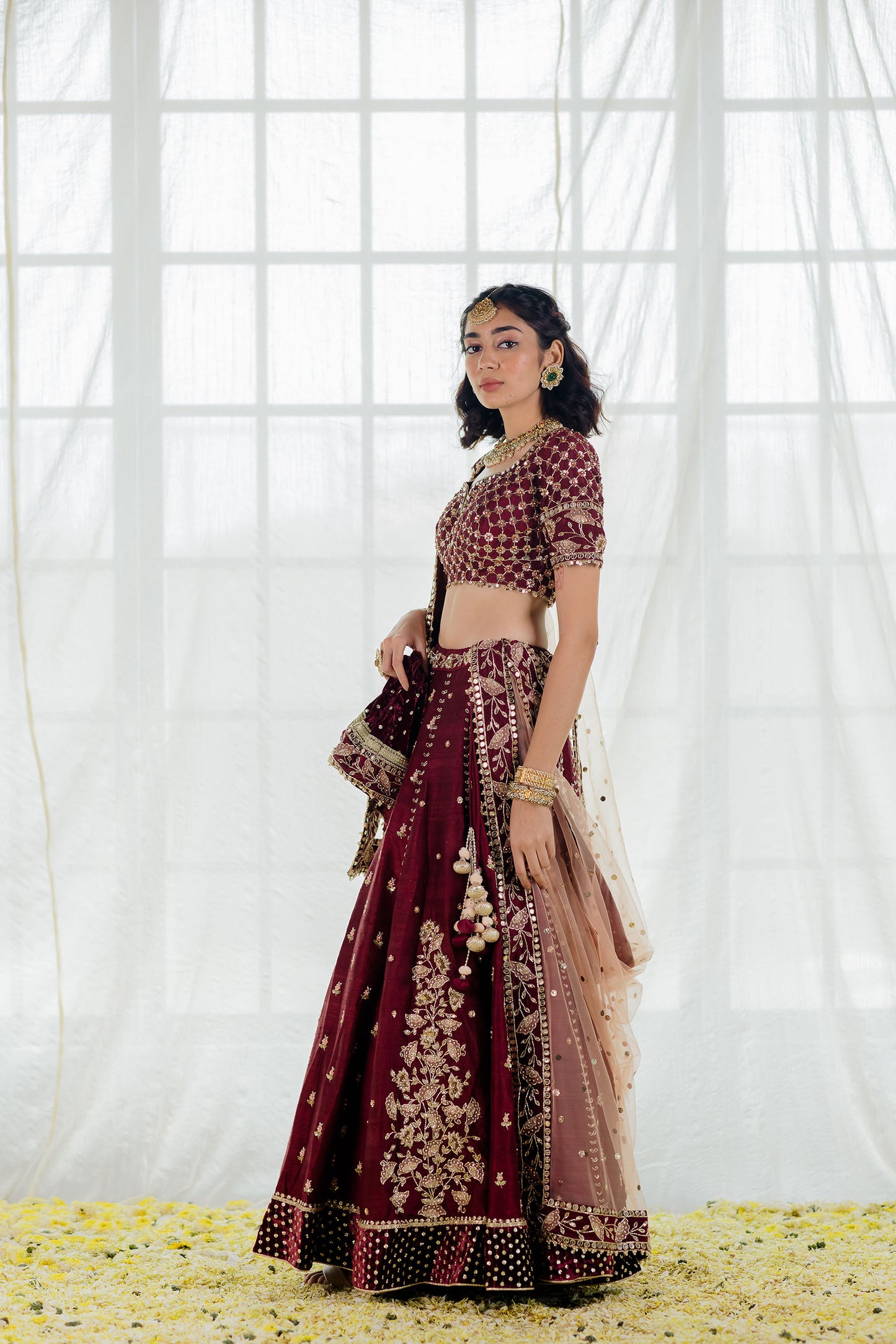 Wine Raw Silk Embroidered Bridal Lehenga Set