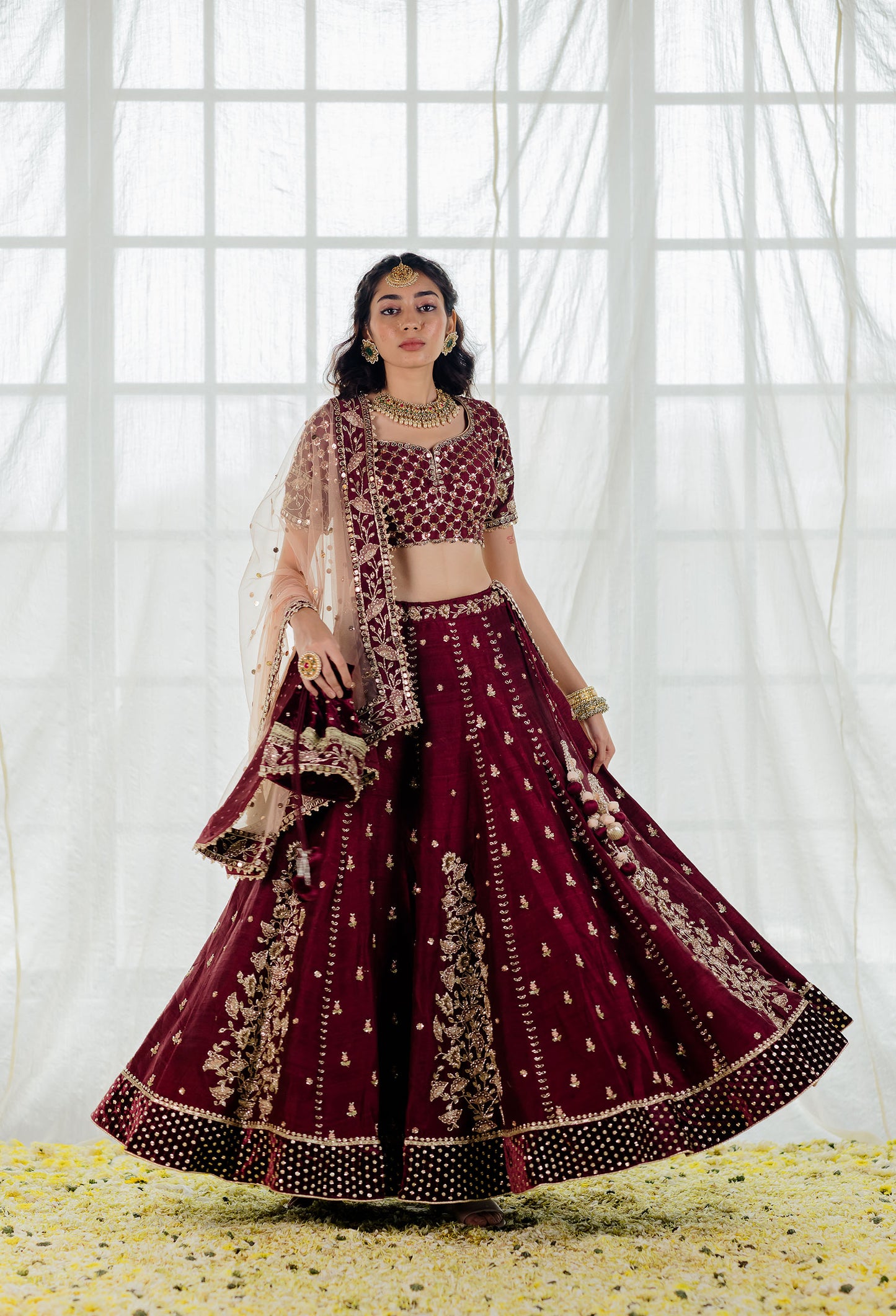 Wine Raw Silk Embroidered Bridal Lehenga Set