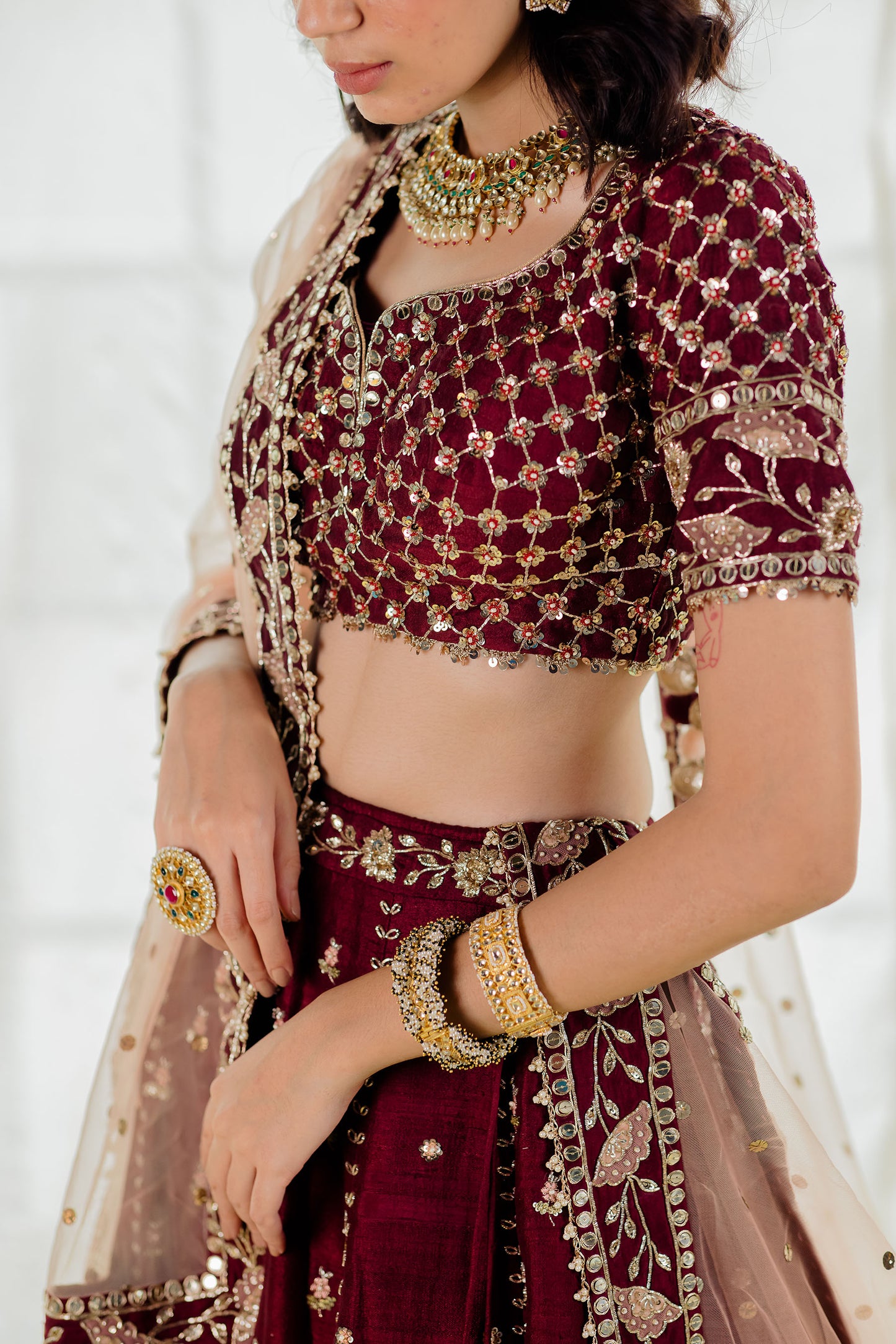 Wine Raw Silk Embroidered Bridal Lehenga Set