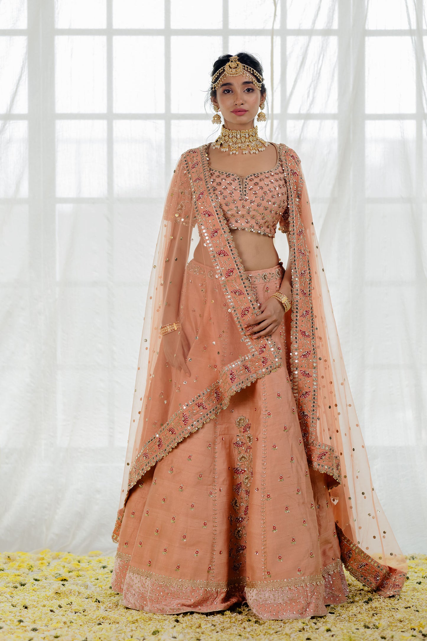 Peach Raw Silk Embroidered Bridal Lehenga Set