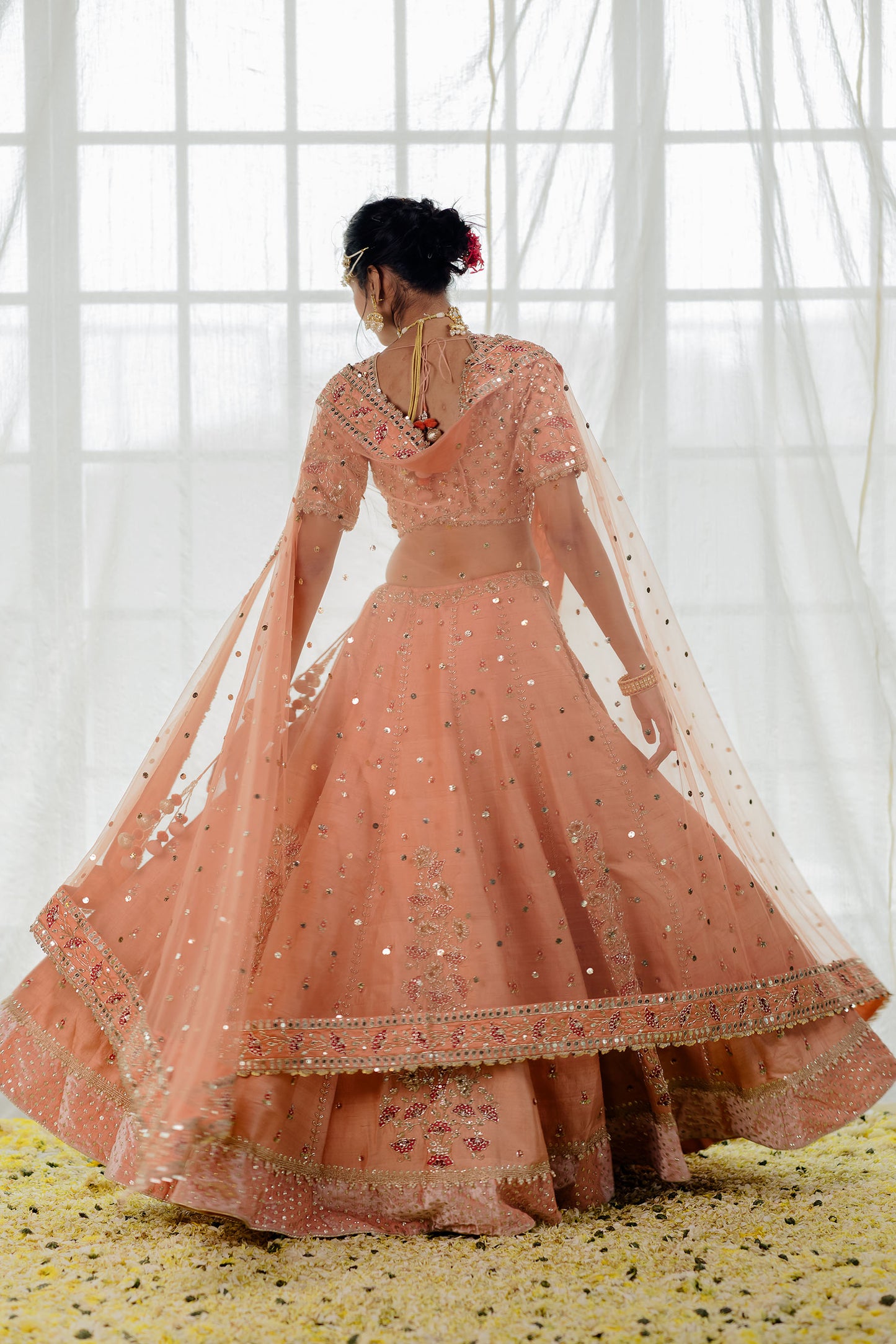 Peach Raw Silk Embroidered Bridal Lehenga Set