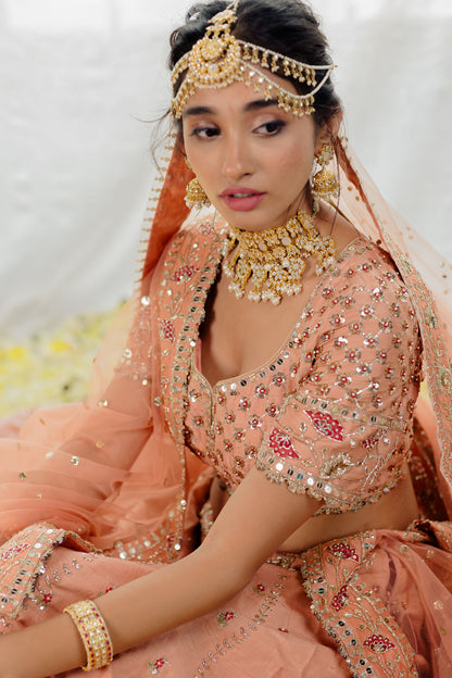 Peach Raw Silk Embroidered Bridal Lehenga Set