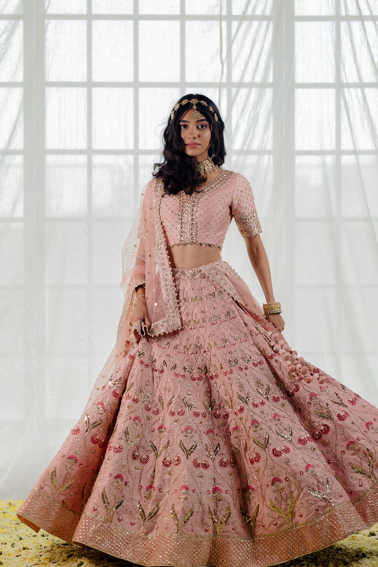 Powder Pink Silk Embroidered Bridal Lehenga Set