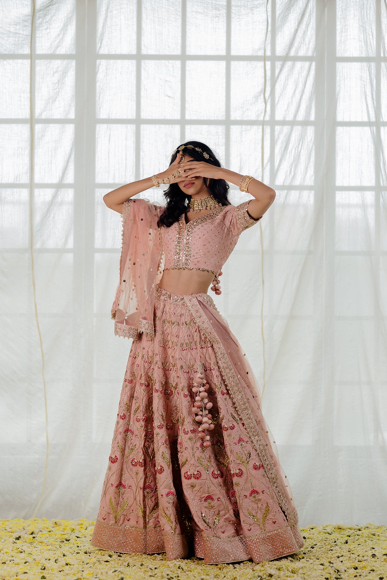 Powder Pink Silk Embroidered Bridal Lehenga Set