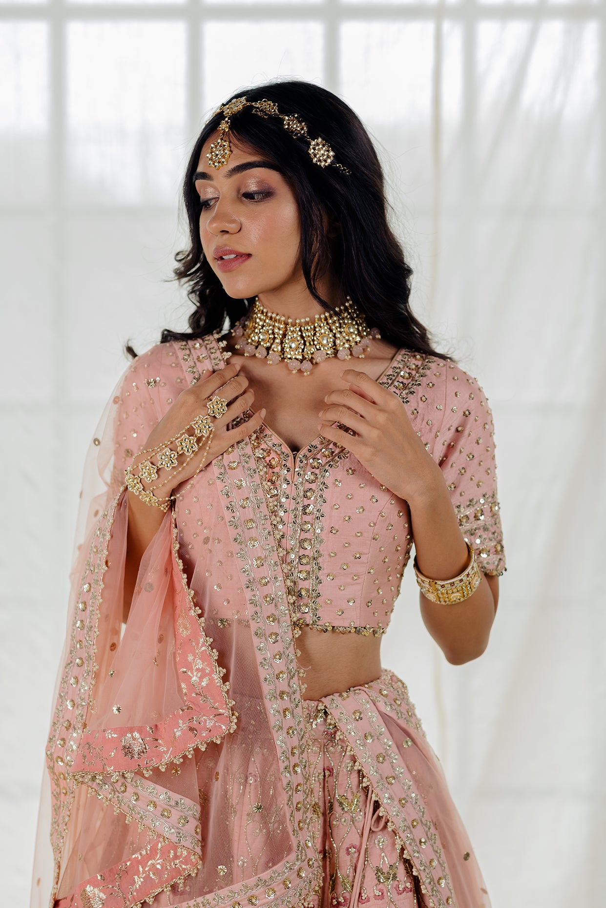 Powder Pink Silk Embroidered Bridal Lehenga Set