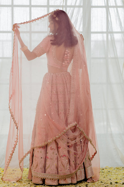 Powder Pink Silk Embroidered Bridal Lehenga Set