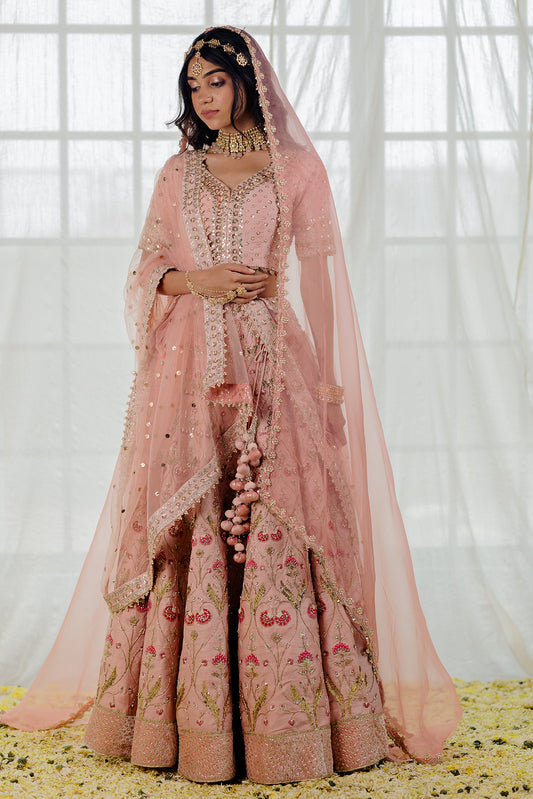 Powder Pink Silk Embroidered Bridal Lehenga Set