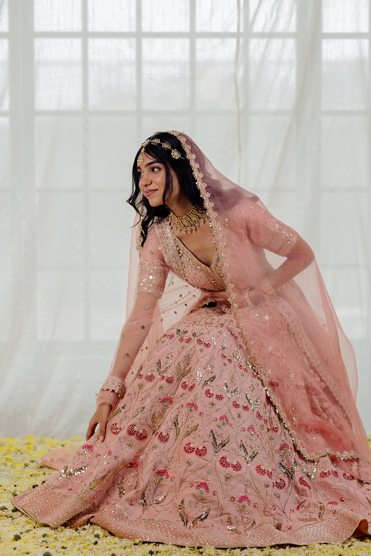 Powder Pink Silk Embroidered Bridal Lehenga Set