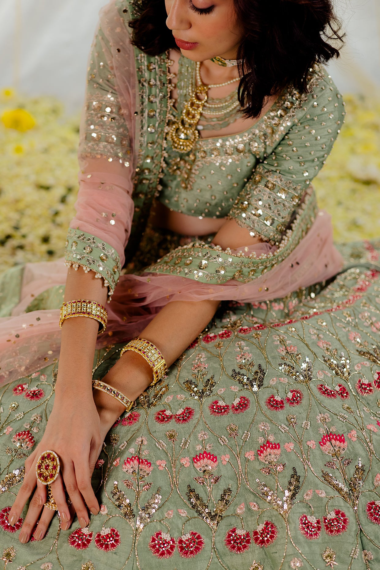 Mint Silk Embroidered Bridal Lehenga Set