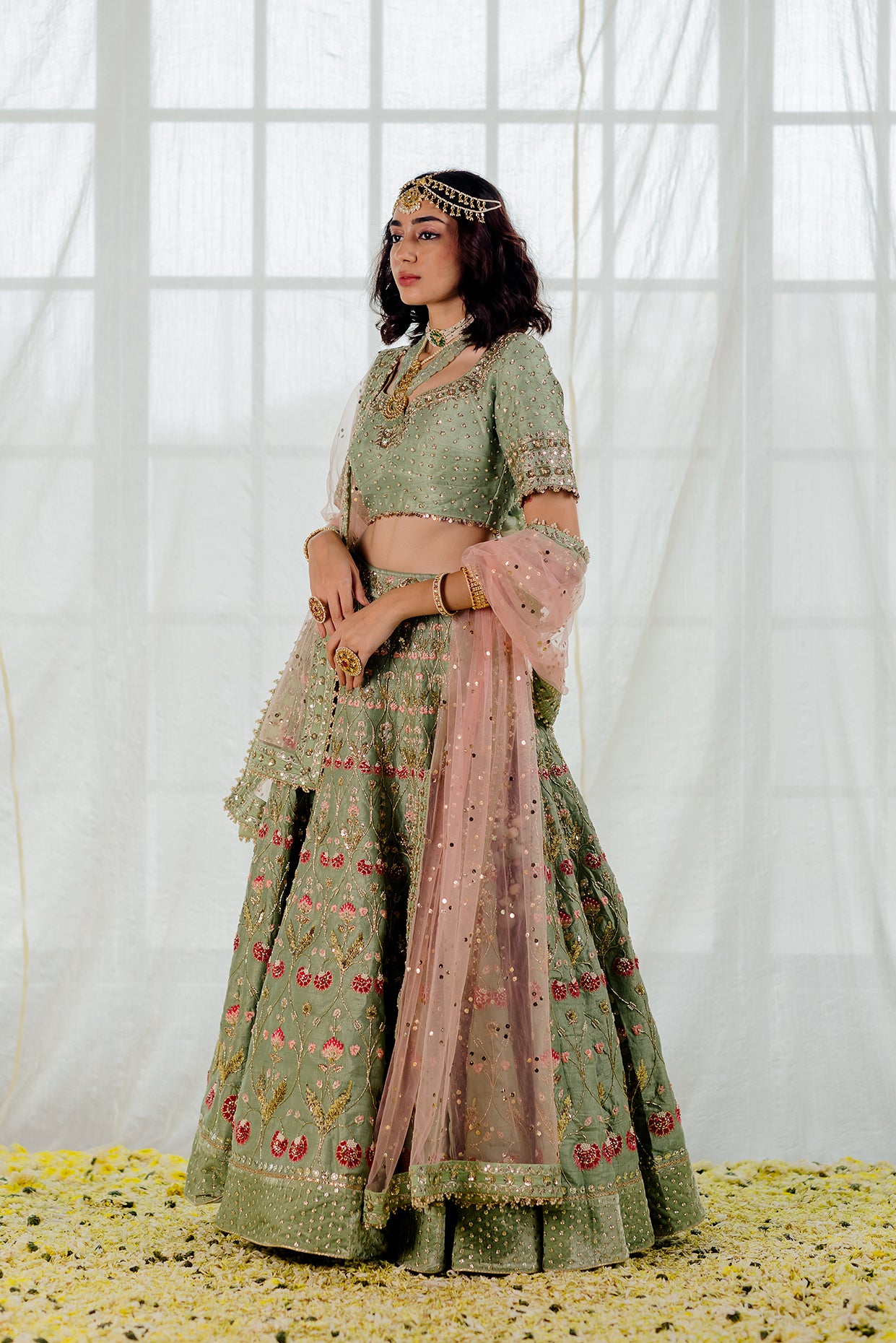 Mint Silk Embroidered Bridal Lehenga Set