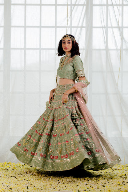 Mint Silk Embroidered Bridal Lehenga Set