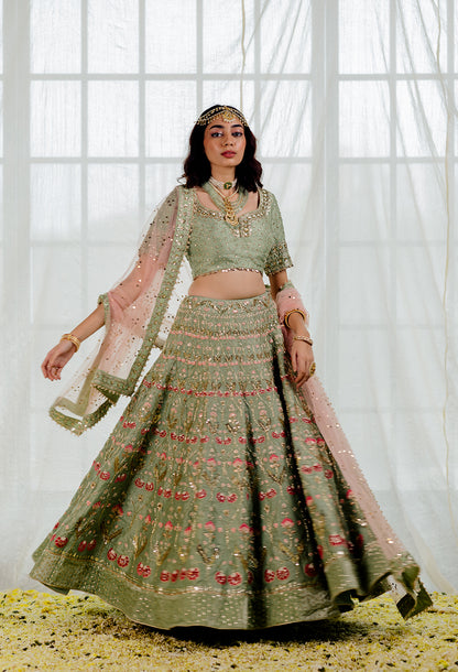 Mint Silk Embroidered Bridal Lehenga Set