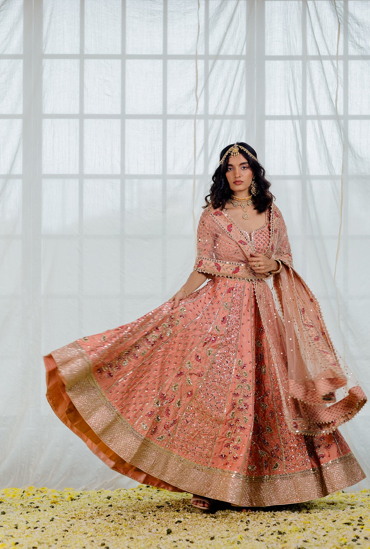 Apricot Raw Silk Embroidered Bridal Lehenga Set