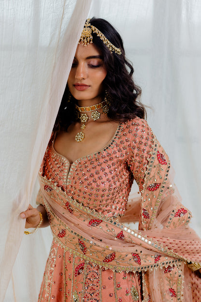 Apricot Raw Silk Embroidered Bridal Lehenga Set