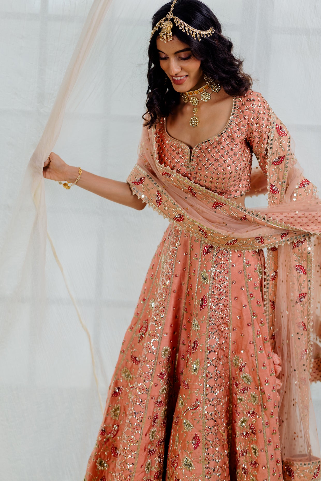 Apricot Raw Silk Embroidered Bridal Lehenga Set