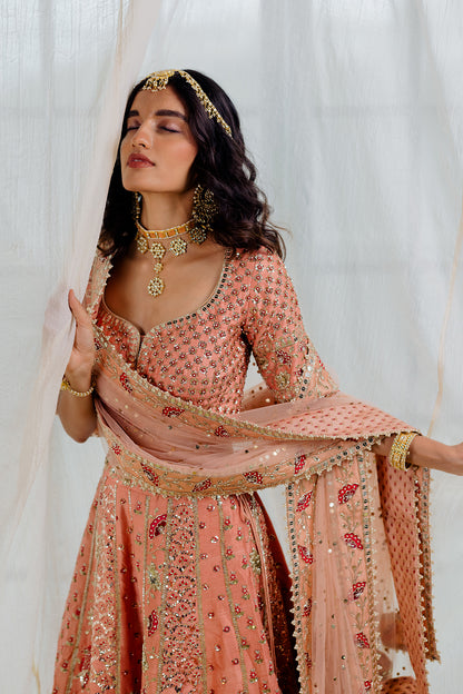 Apricot Raw Silk Embroidered Bridal Lehenga Set