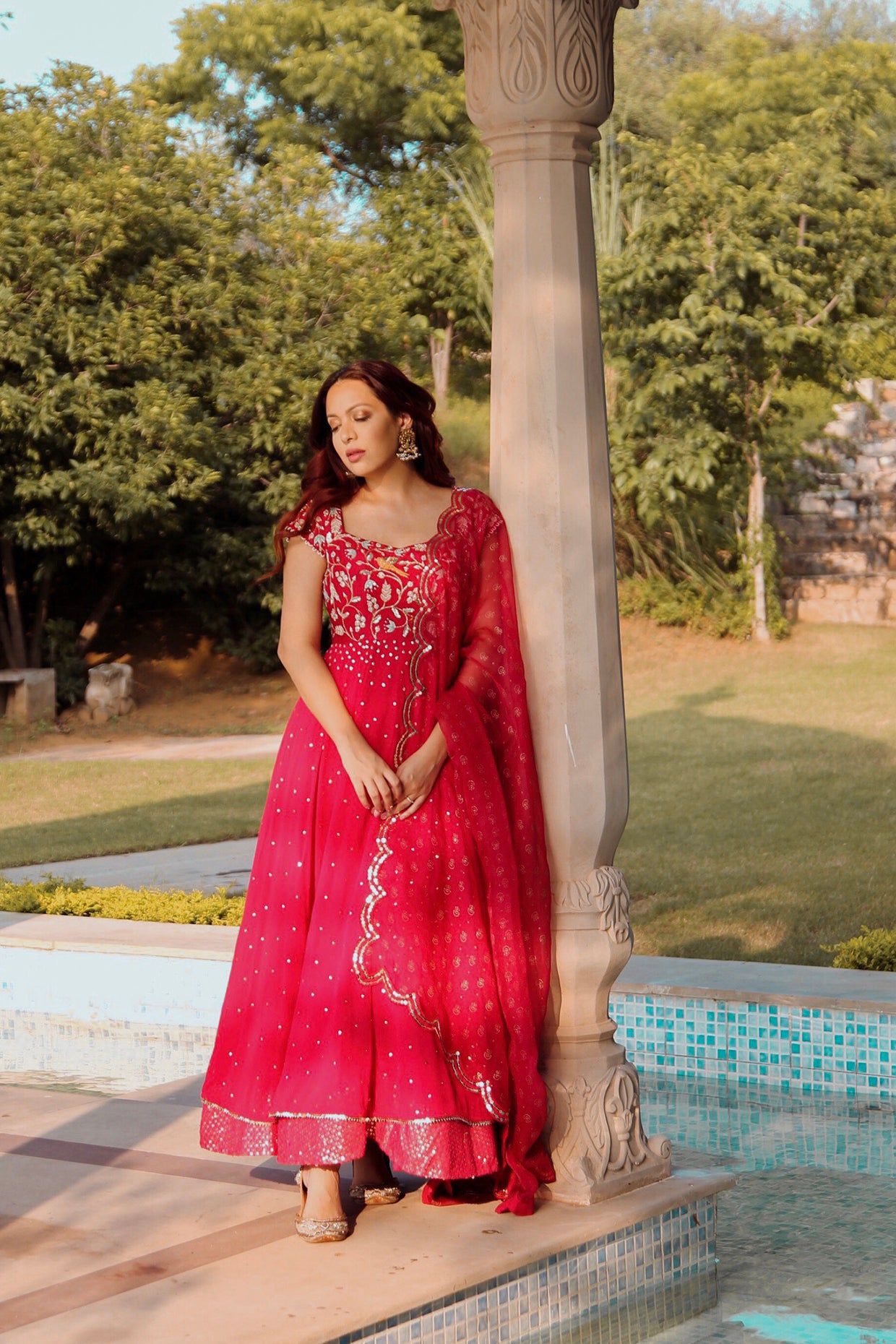 Malvika Rallan In Cherry Red Embroidered Anarkali Set