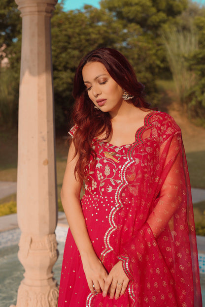 Malvika Rallan In Cherry Red Embroidered Anarkali Set