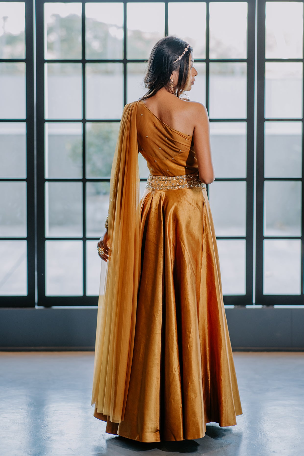 Caramel One Shoulder Draped Top And Skirt Set