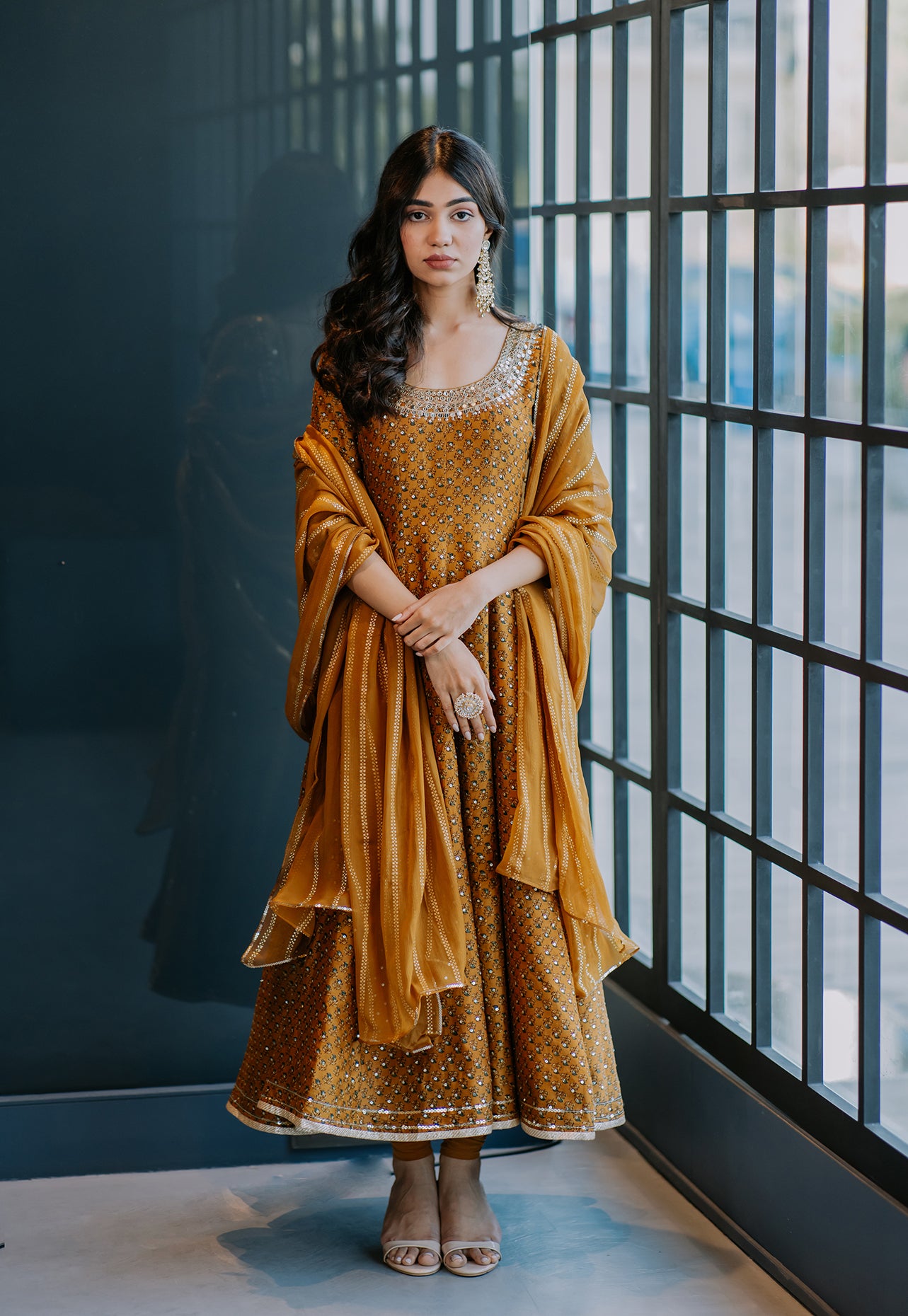 Caramel Printed And Embroidered Anarkali Set