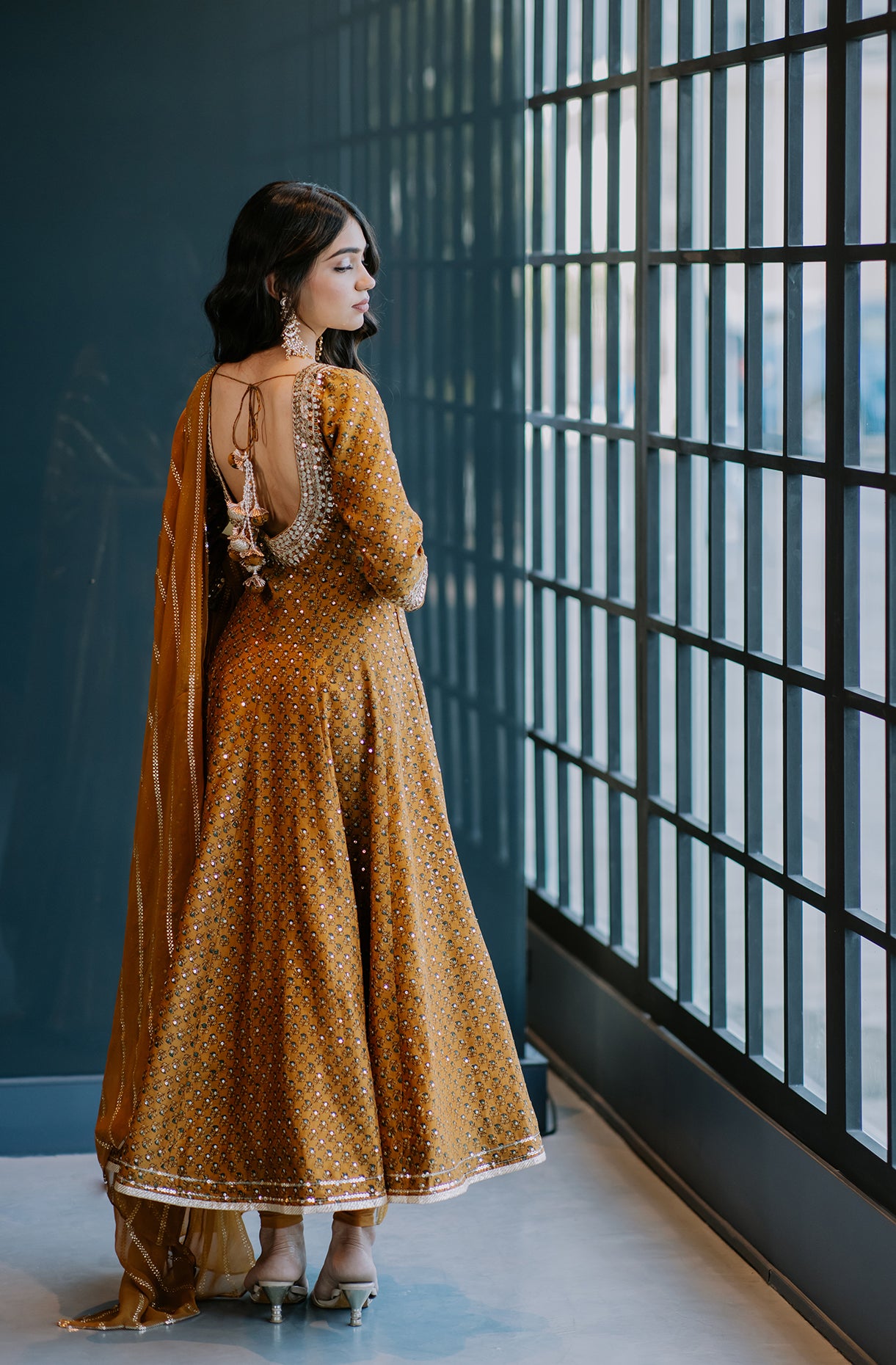 Caramel Printed And Embroidered Anarkali Set