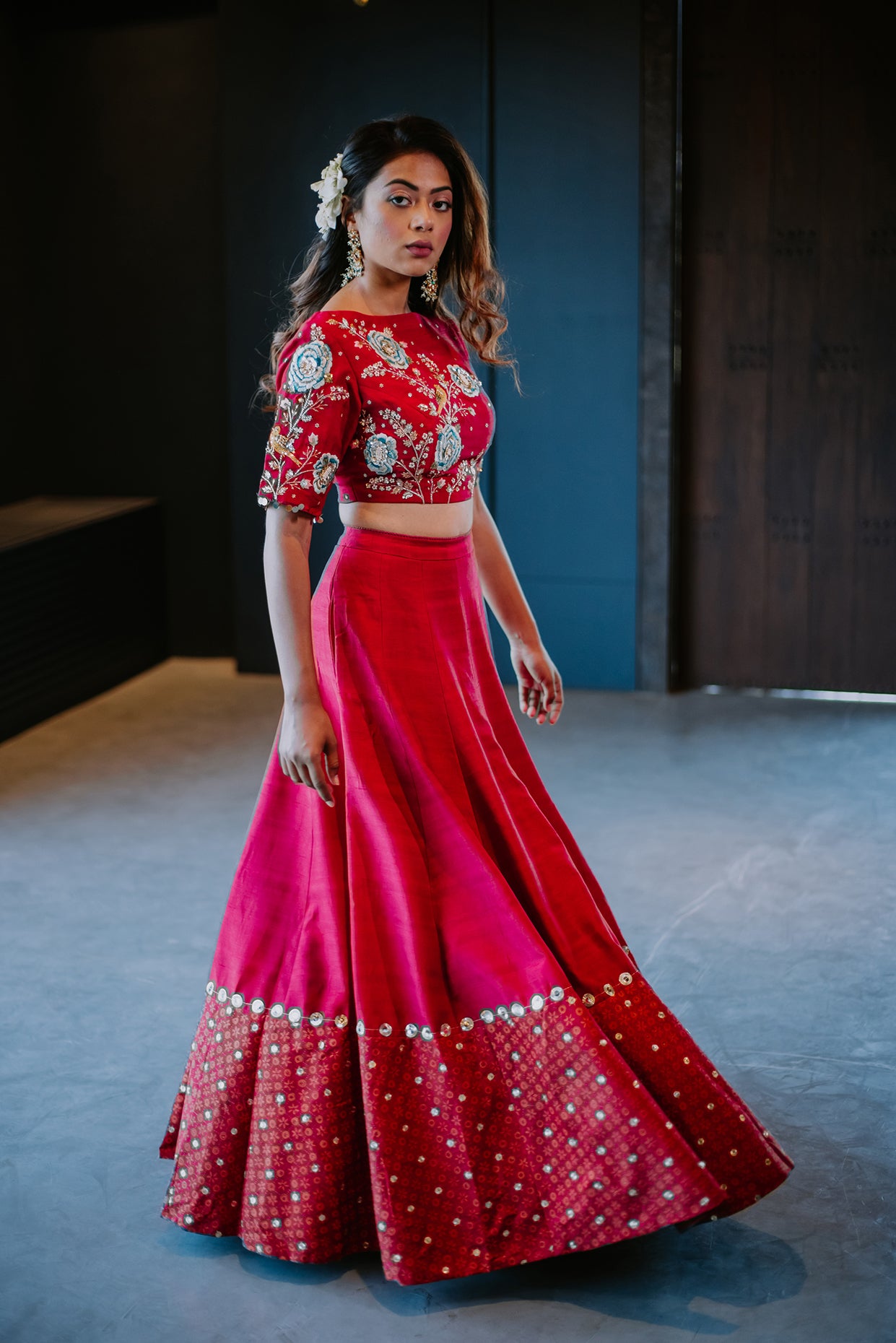 Cherry Red Silk Embroidered Crop Top Skirt Set